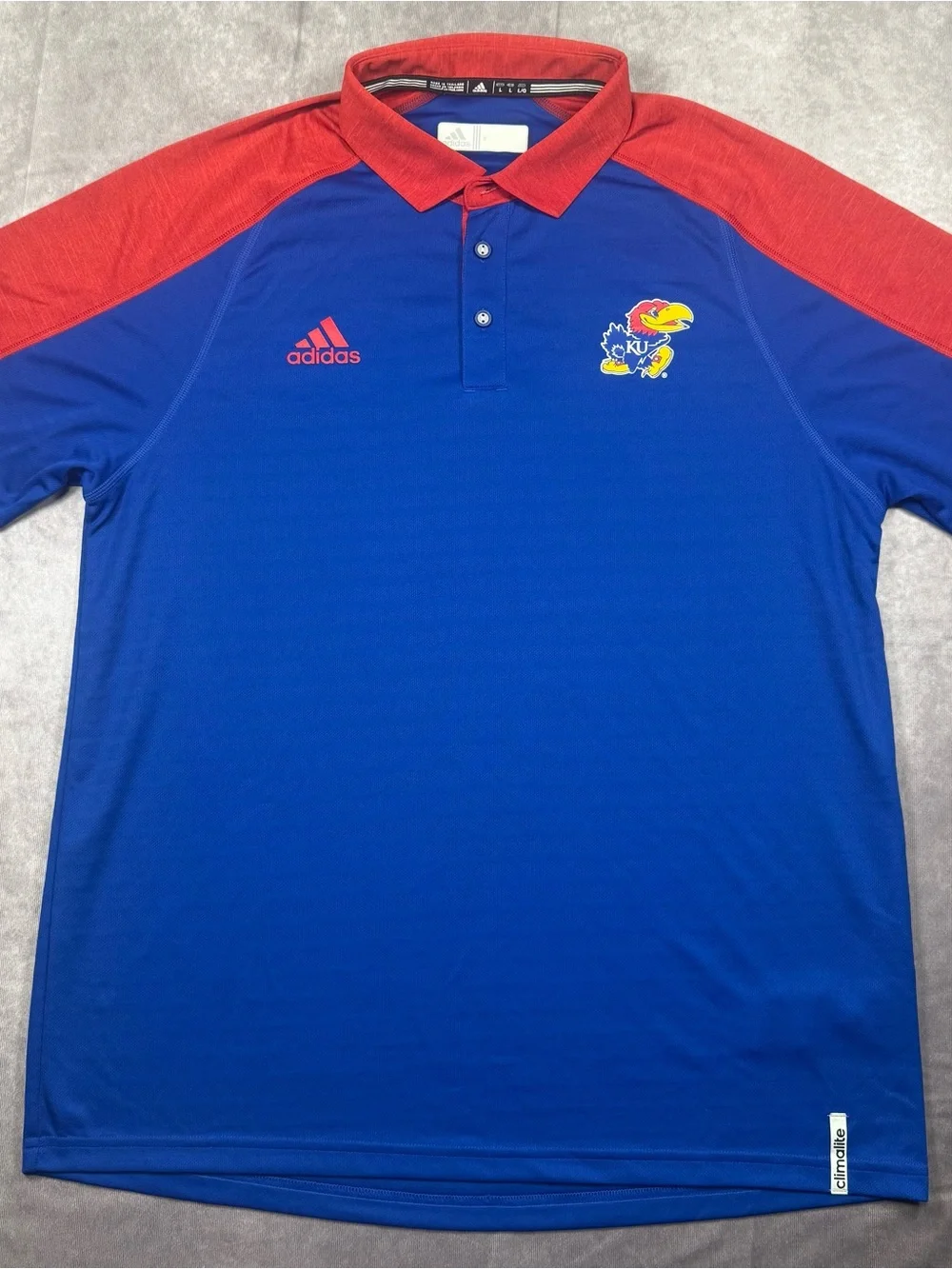 Adidas Team Issued Kansas Jayhawks Royal Blue & Red Polo Shirt w/Player Tag - L